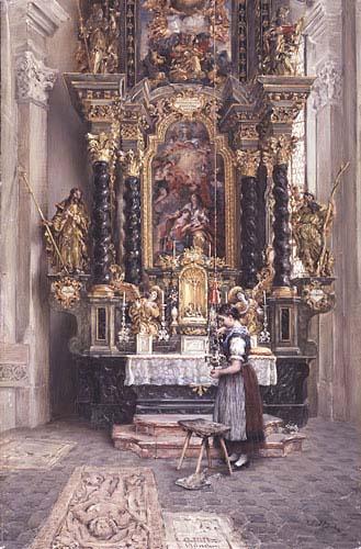  Madchen vor dem Anna-Altar in der Stadtpfarrkirche in Rattenberg in Tirol,